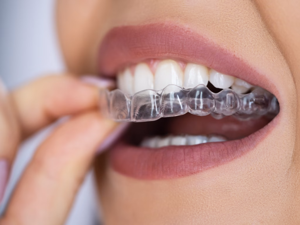 Close-up of a person inserting a clear aligner tray into their mouth, showcasing the aligner's fit over straight white teeth, emphasizing the convenience and discreet nature of orthodontic treatment.