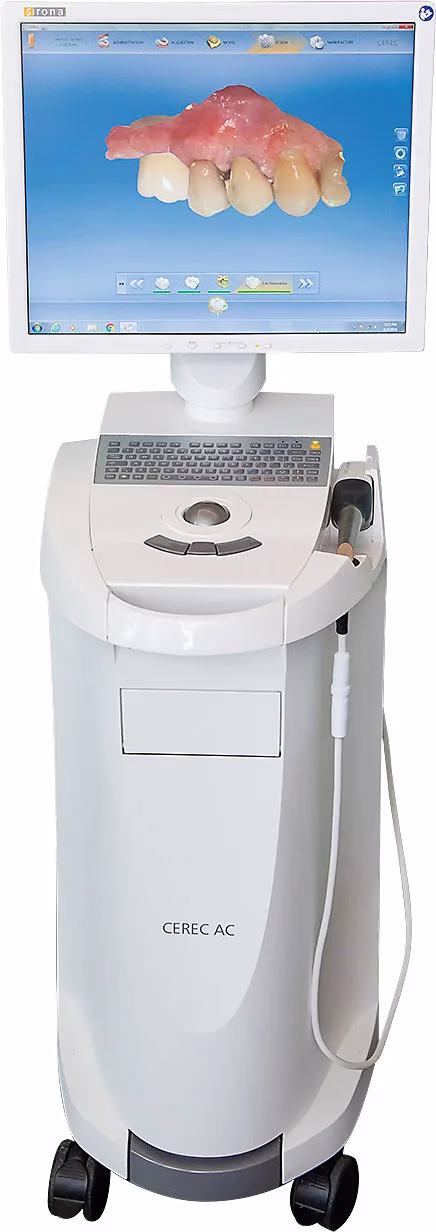 CEREC AC digital dental scanner with display showing 3D dental design, used for creating crowns, bridges, and veneers at Rosemary Dental Spa.