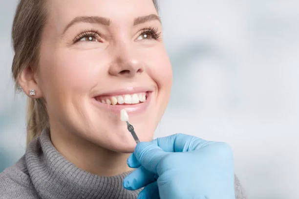 Smiling woman receiving custom veneer application during dental procedure, showcasing CEREC technology for smile enhancement.