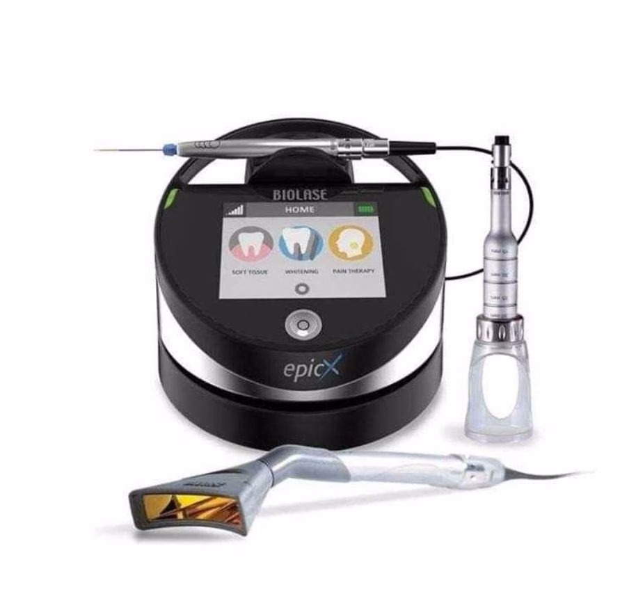 Biolase Epic X soft tissue laser system for efficient gum treatment, featuring a digital interface, handpieces for whitening and pain therapy, and advanced dental technology for enhanced patient comfort.